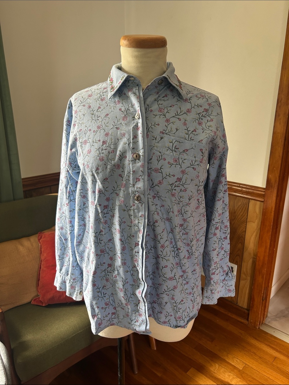 Light Blue Floral Button-Down Shirt with Pink Accent - Women's Shirt
